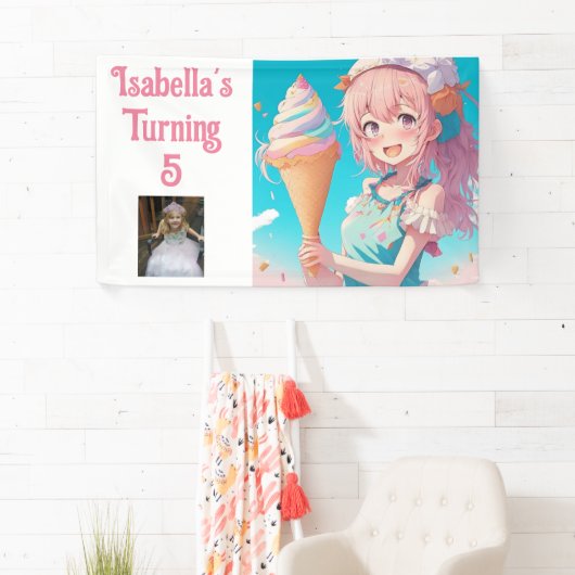 アパーソナライズされたメかわいらしアイスクリームバースデーパーティー 横断幕 (インサイチュ)