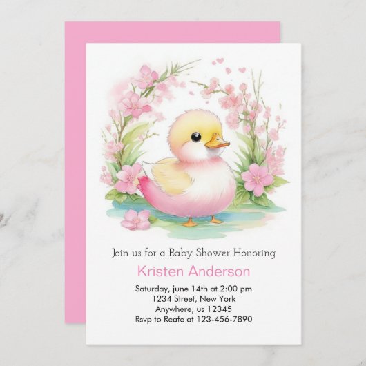 アヒルお洒落クリンクフローラガールベビーシャワー 招待状 (正面/裏面)