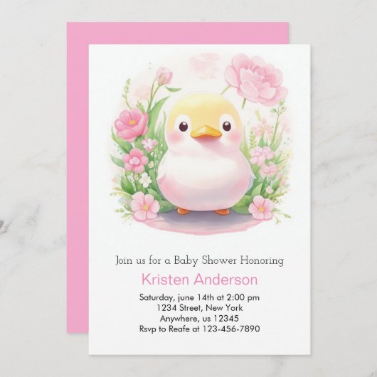 アヒルお洒落クリング牧草地ピンクの女の子の赤ちゃんシャワー 招待状 (正面/裏面)