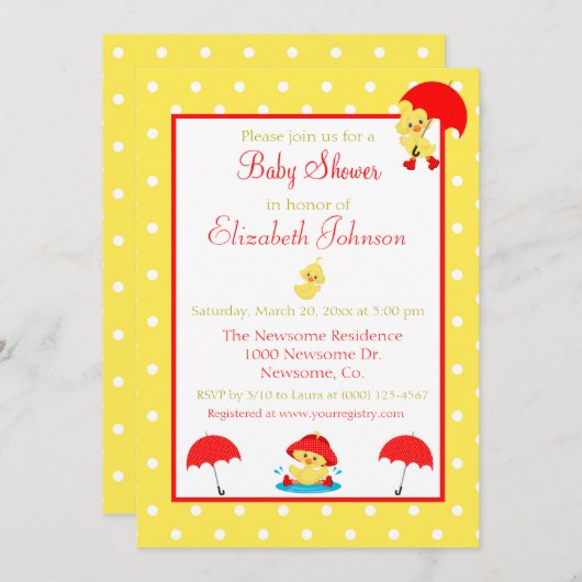 アヒルかわいらしと水玉模様の赤ちゃんシャワー 招待状 (正面/裏面)