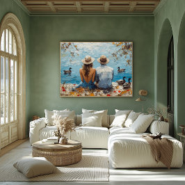 アヒルとカップルのロマンチックな湖畔のシーン ポスター