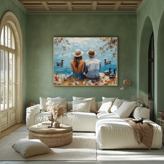 アヒルとカップルのロマンチックな湖畔のシーン ポスター