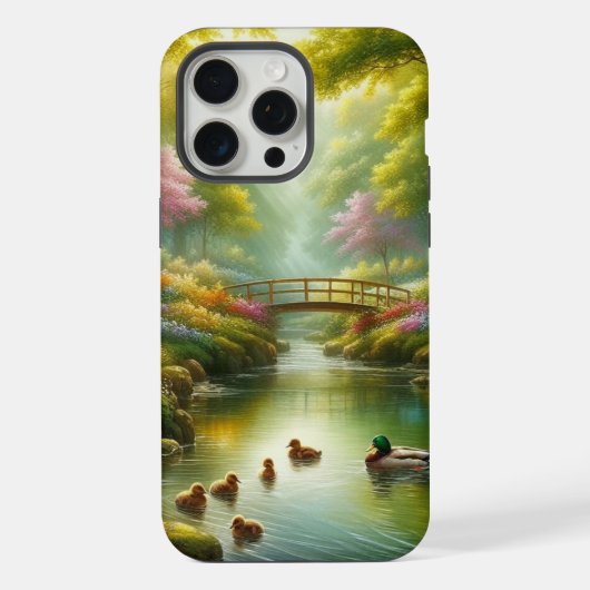 アヒルと花々のある春の小川 iPhoneケース (裏面)