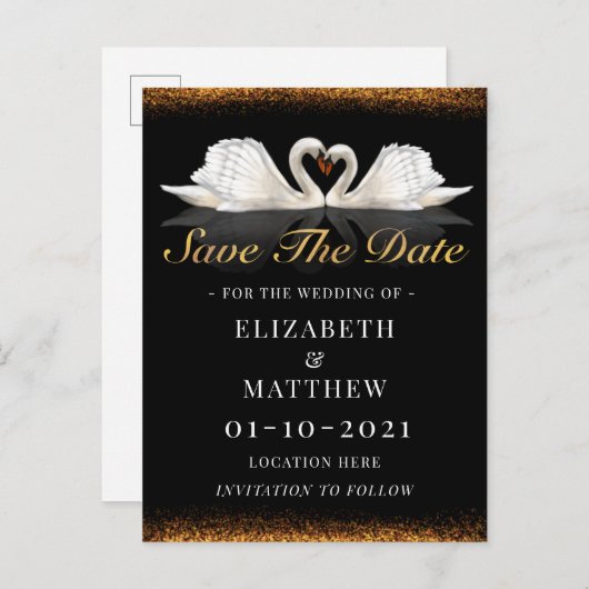 アヒルと金のテーマでスワン結婚式 案内ポストカード (正面/裏面)