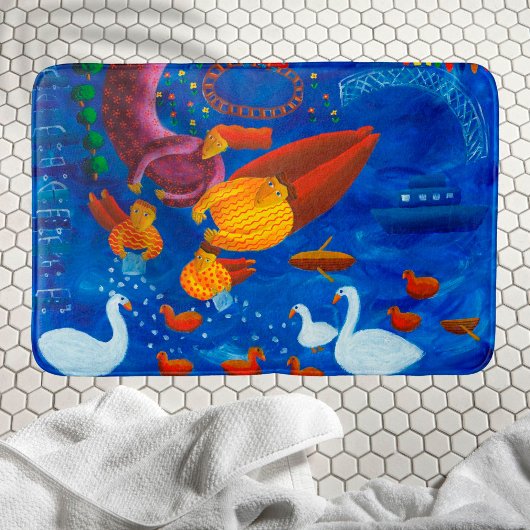 アヒルに餌をやるアクリル画アート バスマット