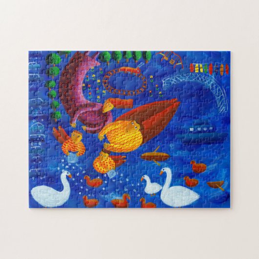 アヒルに餌をやる絵画 ジグソーパズル (横)