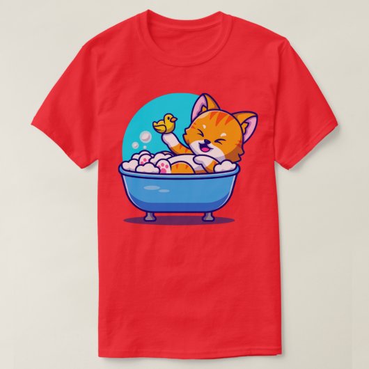 アヒルのおもちゃカート入りバスタブの可愛い猫風呂 Tシャツ (デザイン正面)