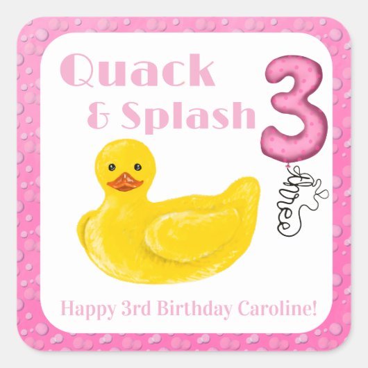 アヒルのお誕生日会の招待状(3歳用) Quack and Splash Duck 3rd Birth スクエアシール (正面)