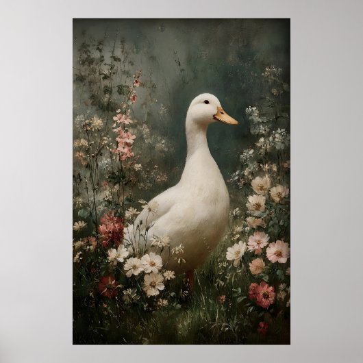 アヒルのアンティーク印刷アート、アヒルの花ミニマリスト ポスター (正面)