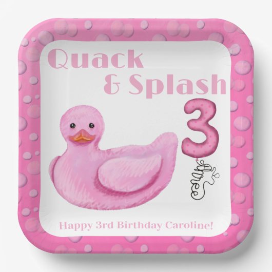 アヒルのガーガー水遊び 3歳の誕生日招待状 ペーパープレート (正面)
