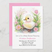 アヒルのピンクのワイルドフラワーWhimsy女の子の赤ちゃんシャワー 招待状 (正面/裏面)