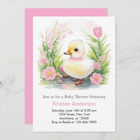 アヒルのピンクのワイルドフラワーWhimsy女の子の赤ちゃんシャワー 招待状 (正面/裏面)