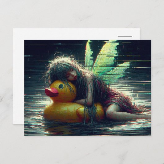 アヒルのプールのフロートで眠っているグリッチ妖精 ポストカード (正面/裏面)