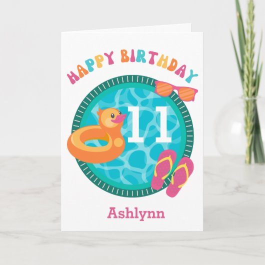アヒルのプールフロート水泳サマー11歳の誕生日 カード (正面)