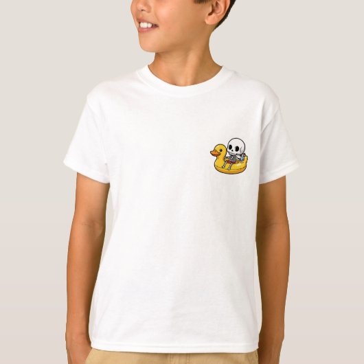 アヒルのプールリングに浮かぶスケルトンの子供服 Tシャツ (正面)