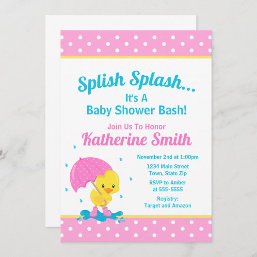 アヒルのベビーシャワーの招待状の女の子のピンク 招待状 (正面/裏面)