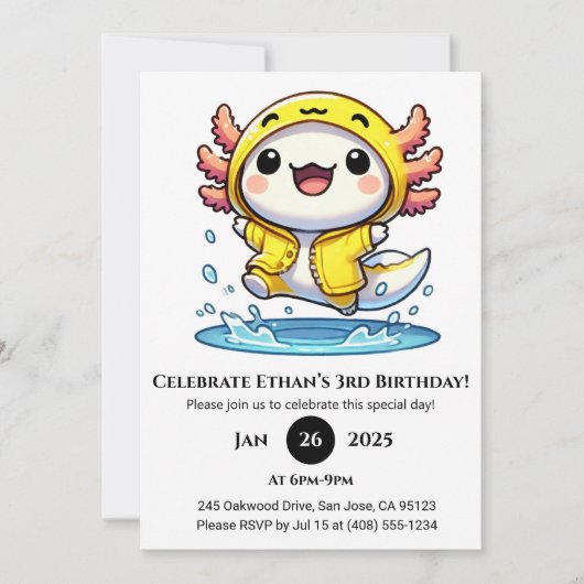 アヒルのレインコートを着たアホロートルの誕生日 招待状 (正面)
