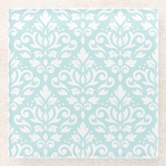 アヒルの卵の青のスクロールダマスク織のPtnの白 ガラスコースター (正面)