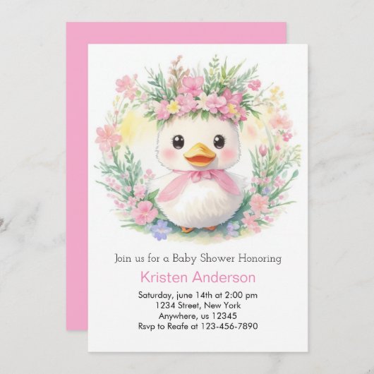 アヒルの夢:女の子の赤ちゃんシャワー 招待状 (正面/裏面)