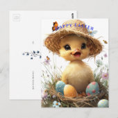 アヒルの子ストローハット イースターエッグ 花 蝶々 ポストカード (正面/裏面)