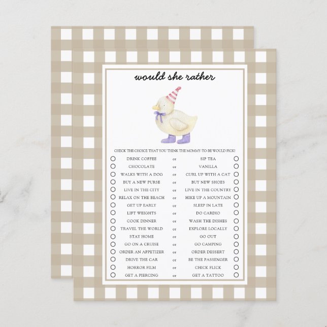 アヒルは彼女はむしろ赤ちゃんシャワーのゲームをする (正面/裏面)