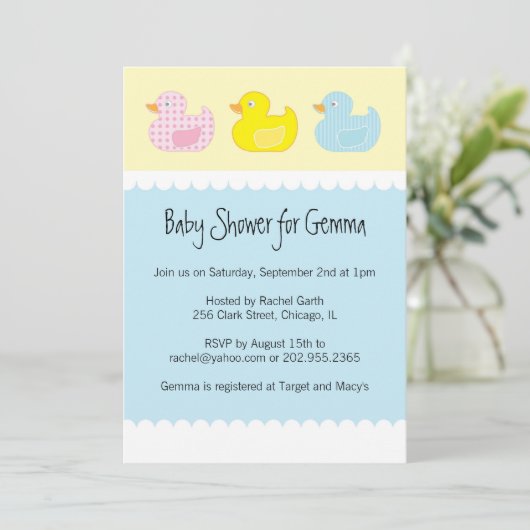 アヒルを持つベビーシャワー招待状 招待状 (スタンド正面)