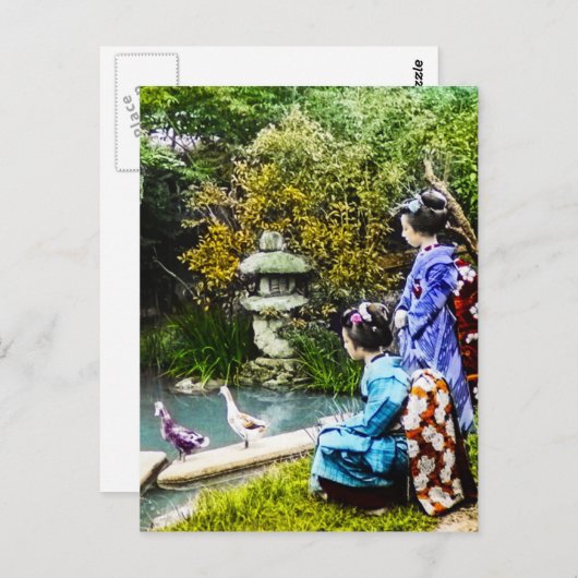 アヒルを見る二人の芸者ヴィンテージ旧日本 ポストカード (正面/裏面)