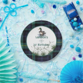 アヒルテーマ1stバースデーハンターグリーンプレイドウェルカム ペーパープレート (パーティー)