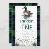 アヒルテーマ1stバースデーハンターグリーンプレイド 招待状 (正面/裏面)