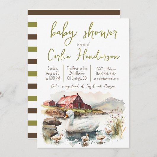 アヒル付き水彩農場アヒル赤ちゃんシャワー 招待状 (正面/裏面)