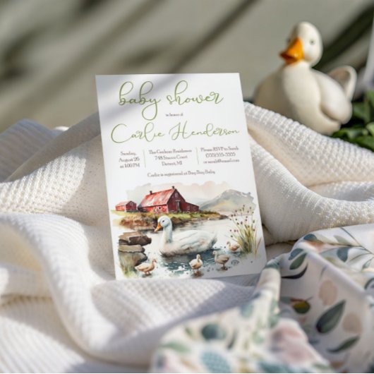 アヒル付き水彩農場アヒル赤ちゃんシャワー 招待状