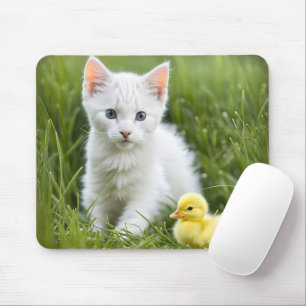アヒル付き白い子猫 マウスパッド