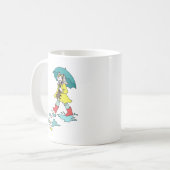 アヒル及び傘が付いている雨の日の赤いガロッシュ コーヒーマグカップ (正面左)