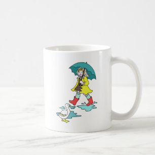 アヒル及び傘が付いている雨の日の赤いガロッシュ コーヒーマグカップ