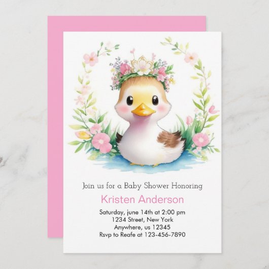 アヒル喜び赤ちゃんガールシャワー 招待状 (正面/裏面)