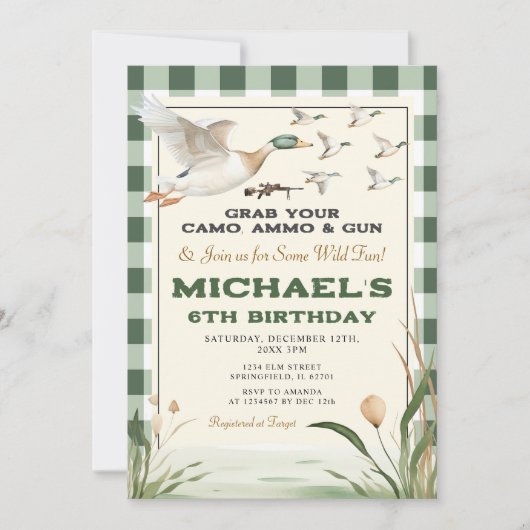 アヒル狩りグラブザガンワイルドおもしろいボーイ誕生日 招待状 (正面)
