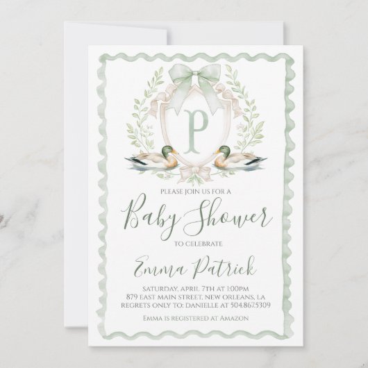 アヒル男の赤ちゃんシャワージンガ名門私立校風のムセージ緑 招待状 (正面)