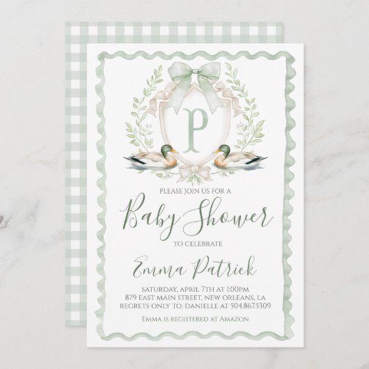 アヒル男の赤ちゃんシャワージンガ名門私立校風のムセージ緑 招待状 (正面/裏面)