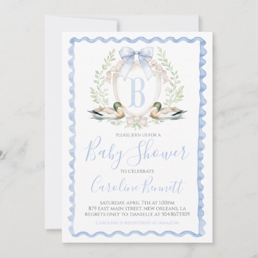 アヒル男の赤ちゃんシャワージ名門私立校風のンガムブルー 招待状 (正面)