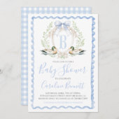アヒル男の赤ちゃんシャワージ名門私立校風のンガムブルー 招待状 (正面/裏面)