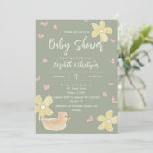 アヒル花ハートカップル女の子ベビーシャワー 招待状 (スタンド正面)