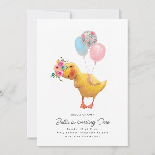 アヒル誕生日パーティー招待状モダンフローラかわいいアヒル 招待状 (正面)