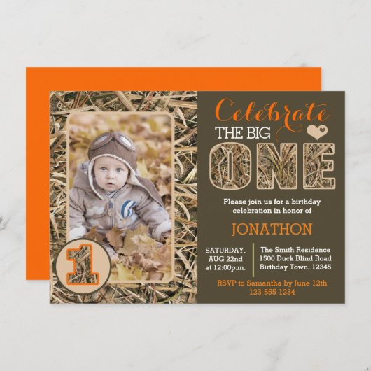 アヒル迷彩柄/カモフラージュ第1バースデーパーティー 招待状 (正面/裏面)