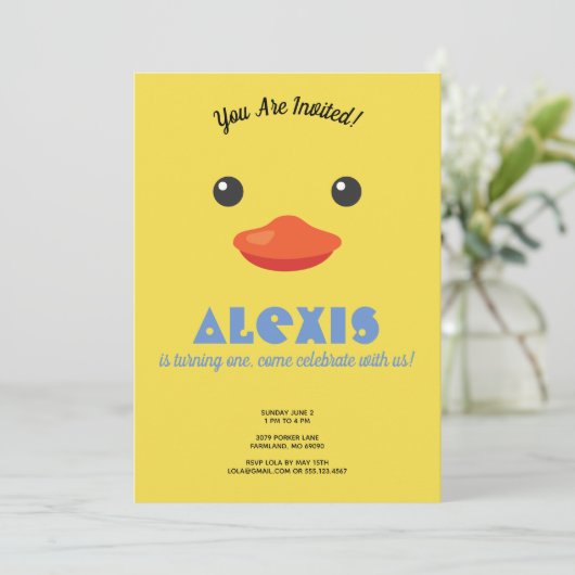 アヒル顔誕生日パーティフォト招待状 招待状 (スタンド正面)