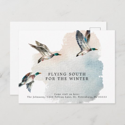 アヒル飛んでいるクス南仮住所の変更 案内ポストカード (正面/裏面)