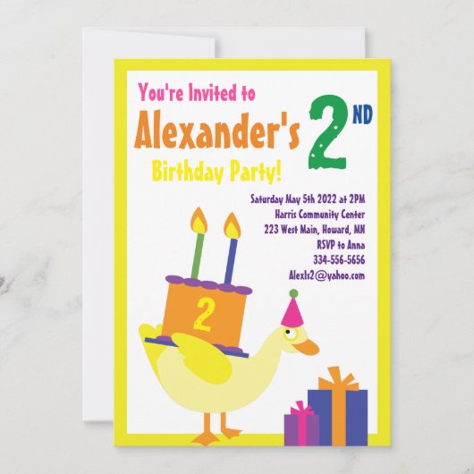 アヒル・アニマル・キッドのバースデーパーティ招待状 招待状 (正面)