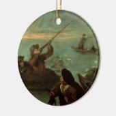 アヒル(キャンバスの油)で撃っているハンター セラミックオーナメント (左)