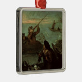 アヒル(キャンバスの油)で撃っているハンター メタルオーナメント (右)