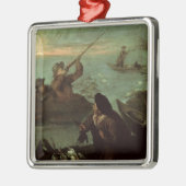 アヒル(キャンバスの油)で撃っているハンター メタルオーナメント (左)