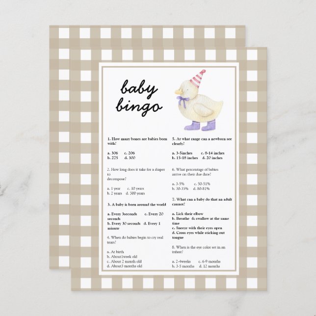 アヒル – ベビートリビア | 赤ちゃんシャワーゲーム (正面/裏面)